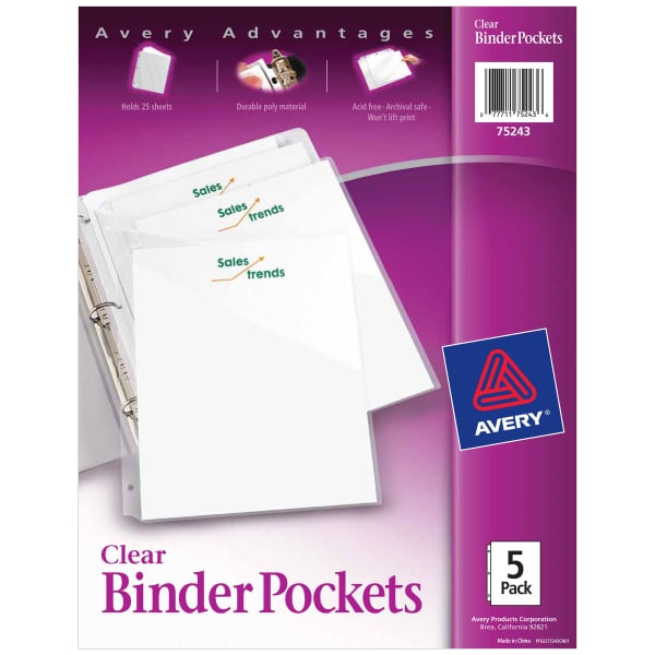 Binder Pockets, Clear, 5 Total